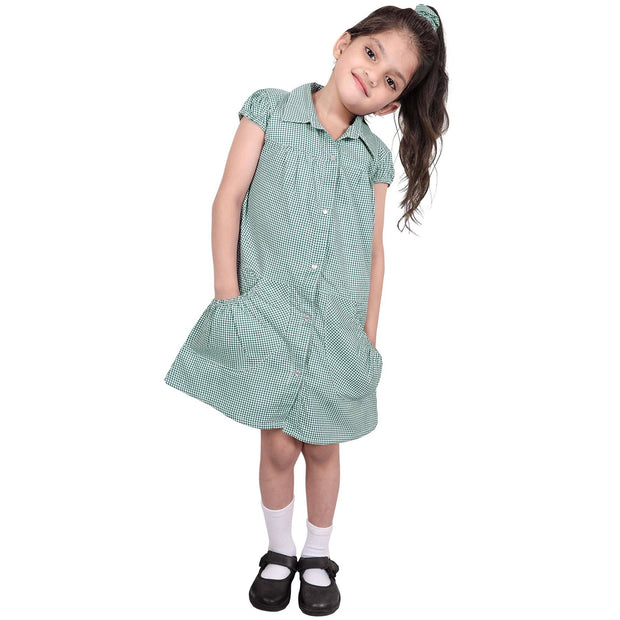 Girls Uniform School Dress Gingham Check Printed Dress With Matching Scrunchies - A2Z 4 Kids