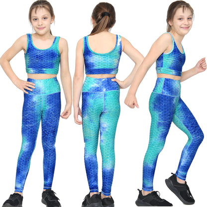 Girls Honeycomb Leggings Crop Top Vest Gym Dance Yoga Exercise High Waist Set
