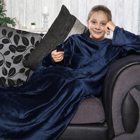 Girls Boys Unisex Navy Wearable Snuggle Sleeves Blanket Super Soft Warm Fleece