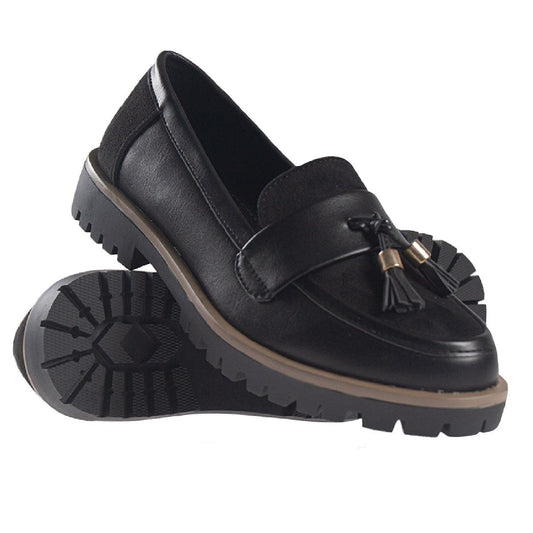 Ladies Tassel Patent Loafer Shoes Chunky Heel Casual Office Work School Loafers
