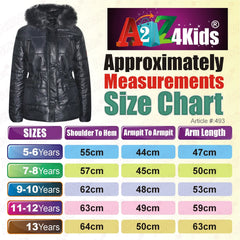 Kids Girls Jackets Puffer Hooded Detachable Faux Fur Wet Look Padded Long Coats