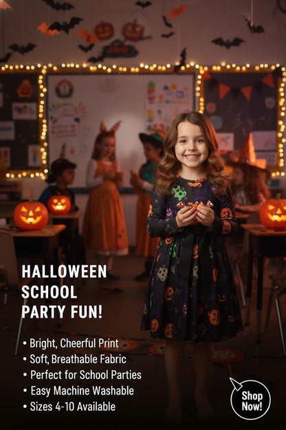 Girls Halloween Swing Dress Ghost Pumpkin Bat Spooky Parties Costume 5-13 Yrs