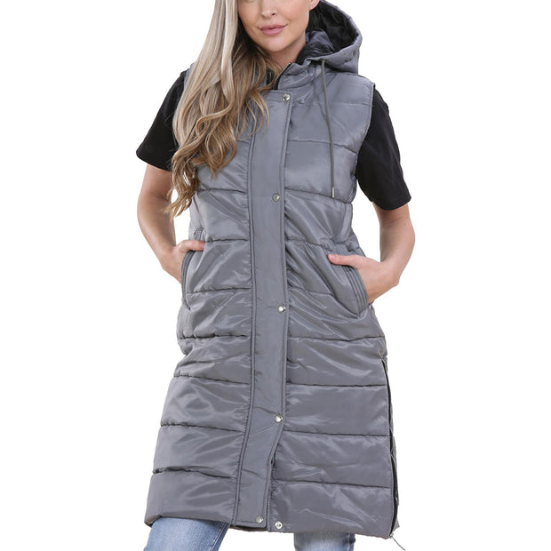 Ladies Sleeveless Gilet Oversized Hooded Quilted Gilet Padded Long Line Coat