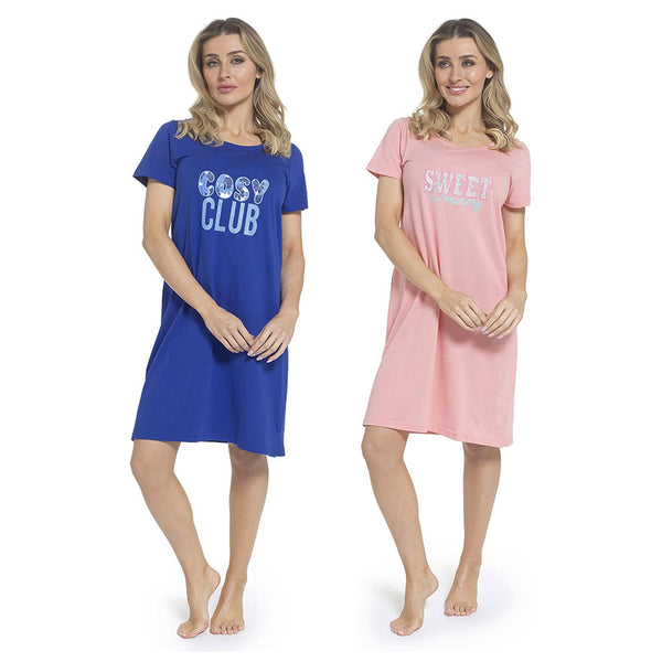 Ladies Fun Print Sweet Dreams Blossom Pink or Cosy Club Blue Soft Cotton Nightie