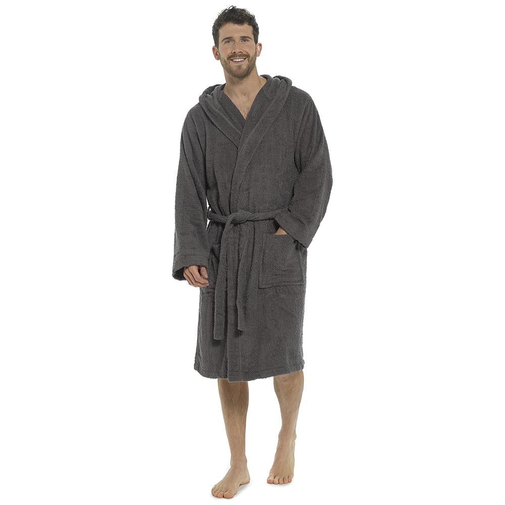 Mens Hooded Towelling Robe Soft Cotton Absorbent Bathrobe with Belt Deep Pockets