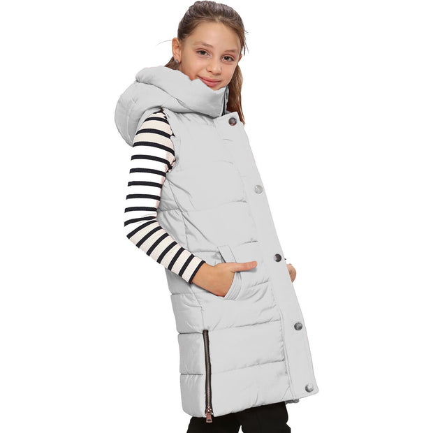 A2Z Kids Girls Down Vest Oversized White Hooded Quilted Gilet Padded Long Line Vest Jacket Long Sleeveless Coat Urban Winter Wear 7 8 9 10 11 12 13 Years