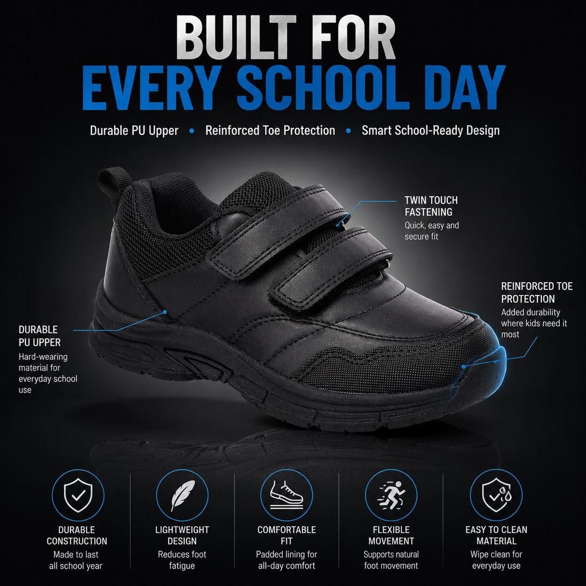 Kids Phantom Boys School Shoes Twin Touch Fastening Black School Uniform Shoes