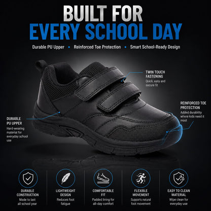 Kids Phantom Boys School Shoes Twin Touch Fastening Black School Uniform Shoes