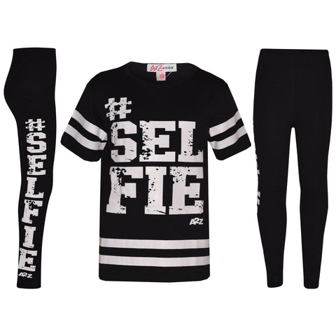 Girls Top Kids Designer's #Selfie Fashion T Shirt Top & Legging Set 7-13 Years