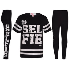 Girls Top Kids Designer's #Selfie Fashion T Shirt Top & Legging Set 7-13 Years