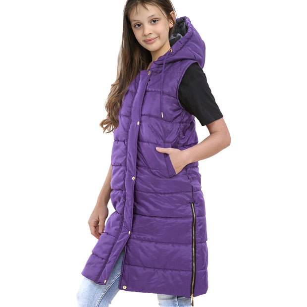 A2Z Kids Girls Fashion Oversized Hooded Quilted Gilet Purple Color Padded Long Line Vest Jacket Long Sleeveless Coat Urban Winter Wear Coat 7-13 Years