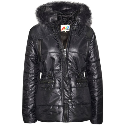 Kids Girls Jackets Puffer Hooded Detachable Faux Fur Wet Look Padded Long Coats