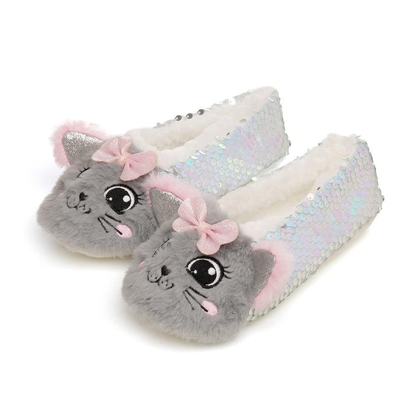 Kids Girls Grey Sequin Cat with 3D Ears Bow Soft Plush Indoor House Slippers