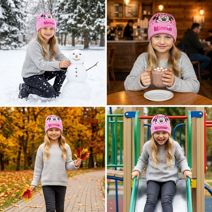 Disney Minnie Mouse Girls Pink Jacquard Knitted Winter Beanie Hat One Size