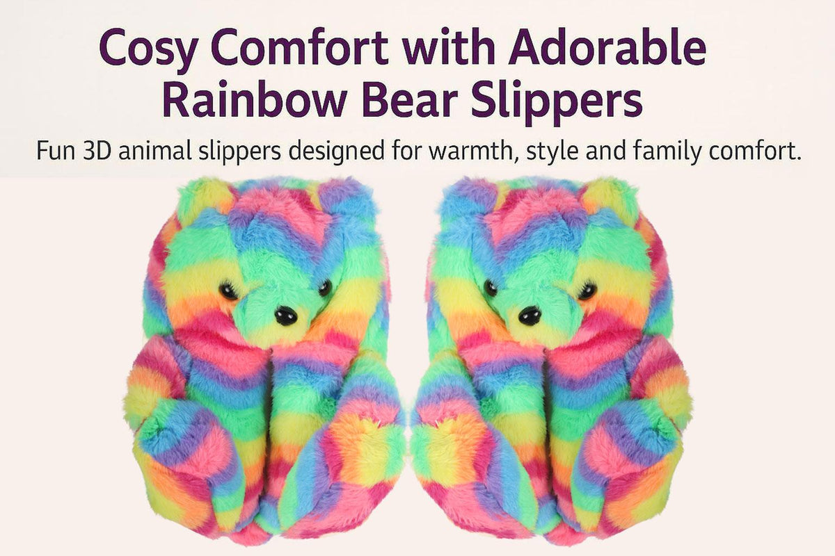 Kids Girls Womens 3D Rainbow Bear Slippers Cute Animal Face Soft Plush Warm Shoe