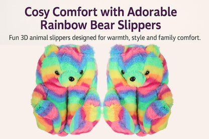 Kids Girls Womens 3D Rainbow Bear Slippers Cute Animal Face Soft Plush Warm Shoe