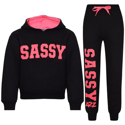 A2Z 4 Kids Girls Tracksuit Sassy Print Fleece Black & Neon Pink Hooded Crop Top Bottom Jogging Suit Joggers Gift For Girls Age 5-6, 7-8, 9-10, 11-12 & 13 Years