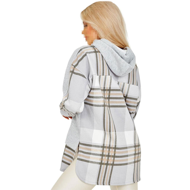 Ladies Hooded Shacket Check Print Colour Block Zip Up Shirt Jacket Oversize Coat