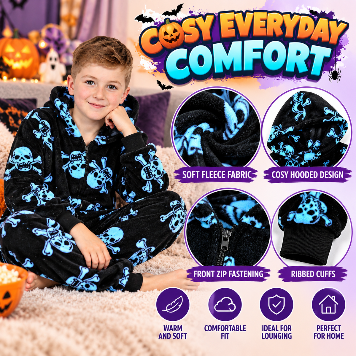 Kids Fun Halloween Skull Bones Print Onesie Pyjama Sets For Girls Boys Jumpsuit