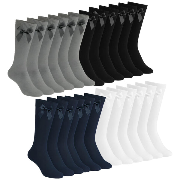 A2Z 4 Kids Girls 6 Pack Plain Knee High Socks With Ribbon Bow School Socks