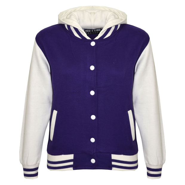 kids Girls Boys B.B Plain Hooded Jacket Varsity Classic Baseball Style Coat 2-13