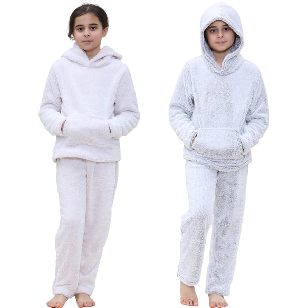 Kids Boys Girls Plain Pyjama Extra Soft Loungewear Thick Pile Fleece PJS Set