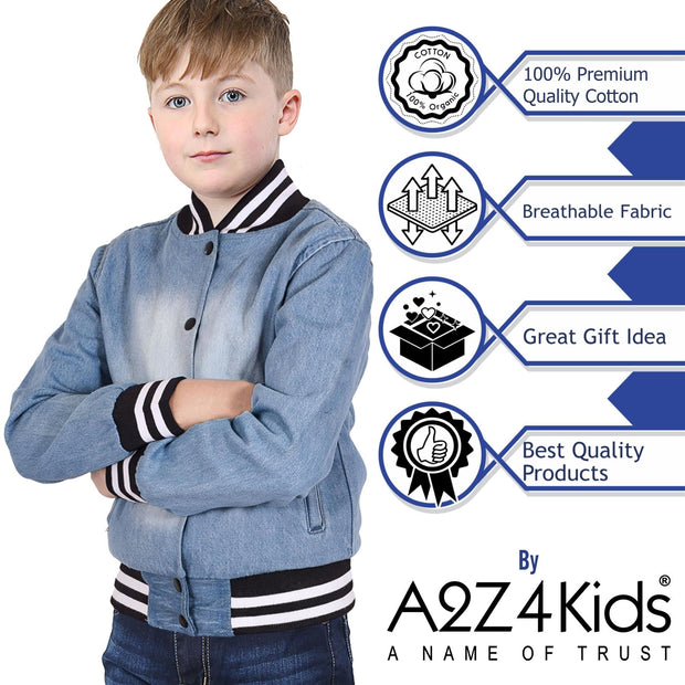 A2Z 4 Kids Boys Girls Ribbed Collar & Cuffs Denim Jacket 100% Cotton Kids Outerwear with Ribbed Hem Snap Button Closure Timeless Fashion for Everyday Adventures