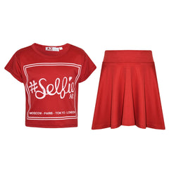 Girls Top Kids Selfie Print Stylish Crop Top & Skater Skirt Set Age 7-13 Years