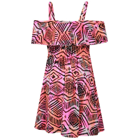 Kids Girls Skater Dress Aztec Print Summer Party Off Shoulder Dresses 7-13 Years