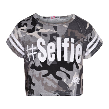 Girls Tops Kids Designer's #Selfie Camouflage Print Crop Top Legging Set 5-13 Yr