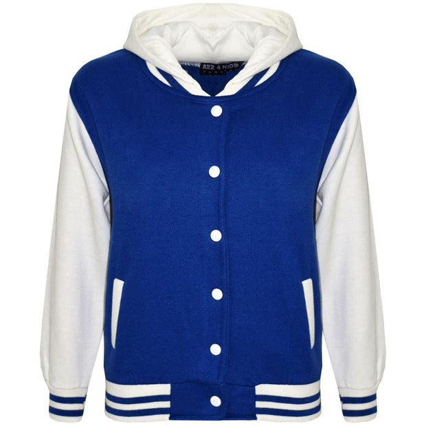 kids Girls Boys B.B Plain Hooded Jacket Varsity Classic Baseball Style Coat 2-13