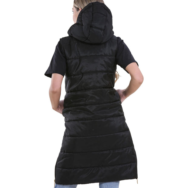 A2Z Ladies Adults Sleeveless Gilet Oversized Hooded Black Quilted Gilet Padded Long Line Vest Jacket Sleeveless Coat Urban Winter Wear