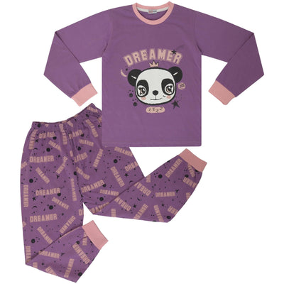 A2Z 4 Kids Girls Pyjamas Children PJs 2 Piece Set Panda Animal Dreamer Print Lilac Lounge Suit for Children Top Bottom Pyjamas Loungewear Gifts Age 2-13 Years