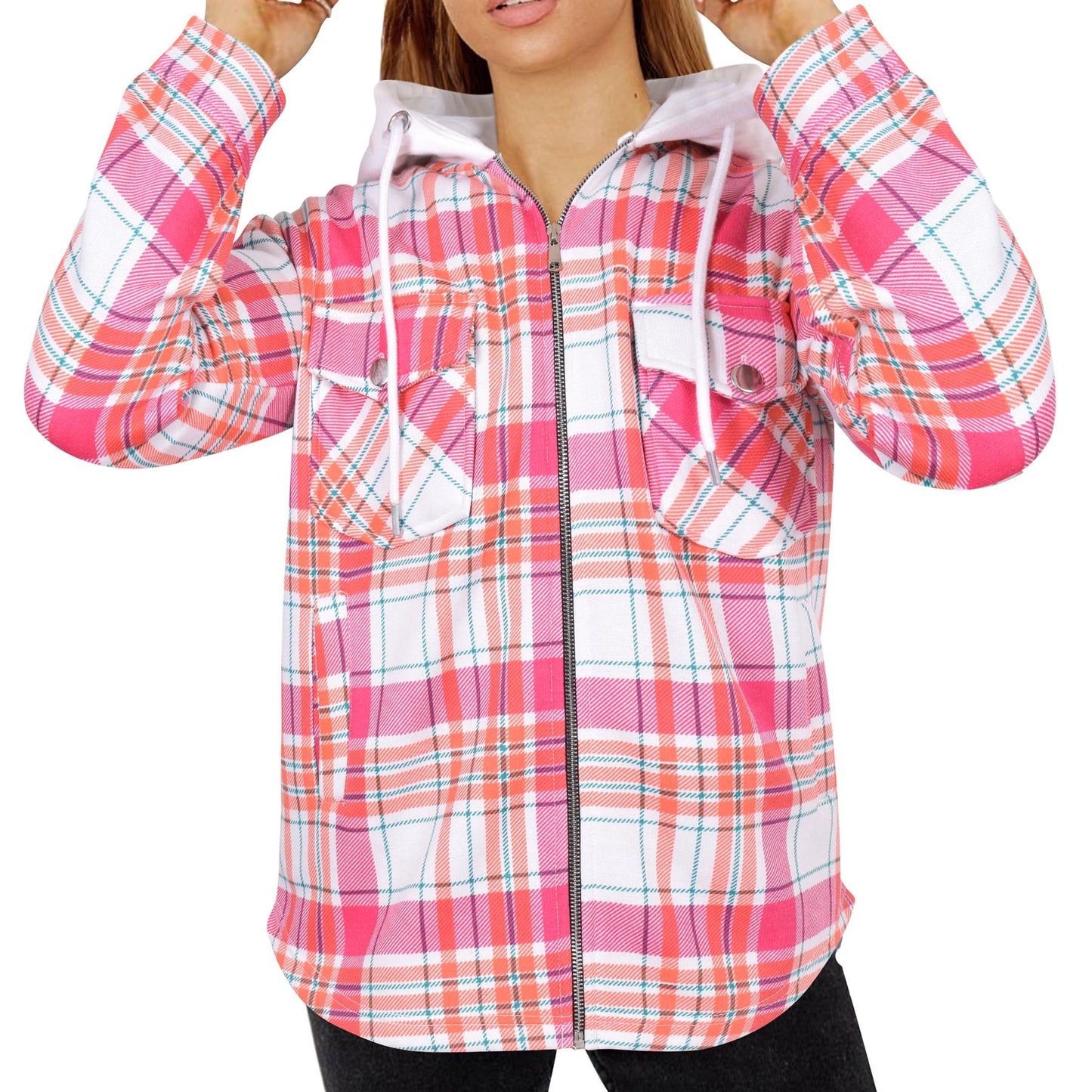 A2Z Ladies Shacket Shirt Jacket Checked Zipped Top Hooded Warm Coat Size S-4XL