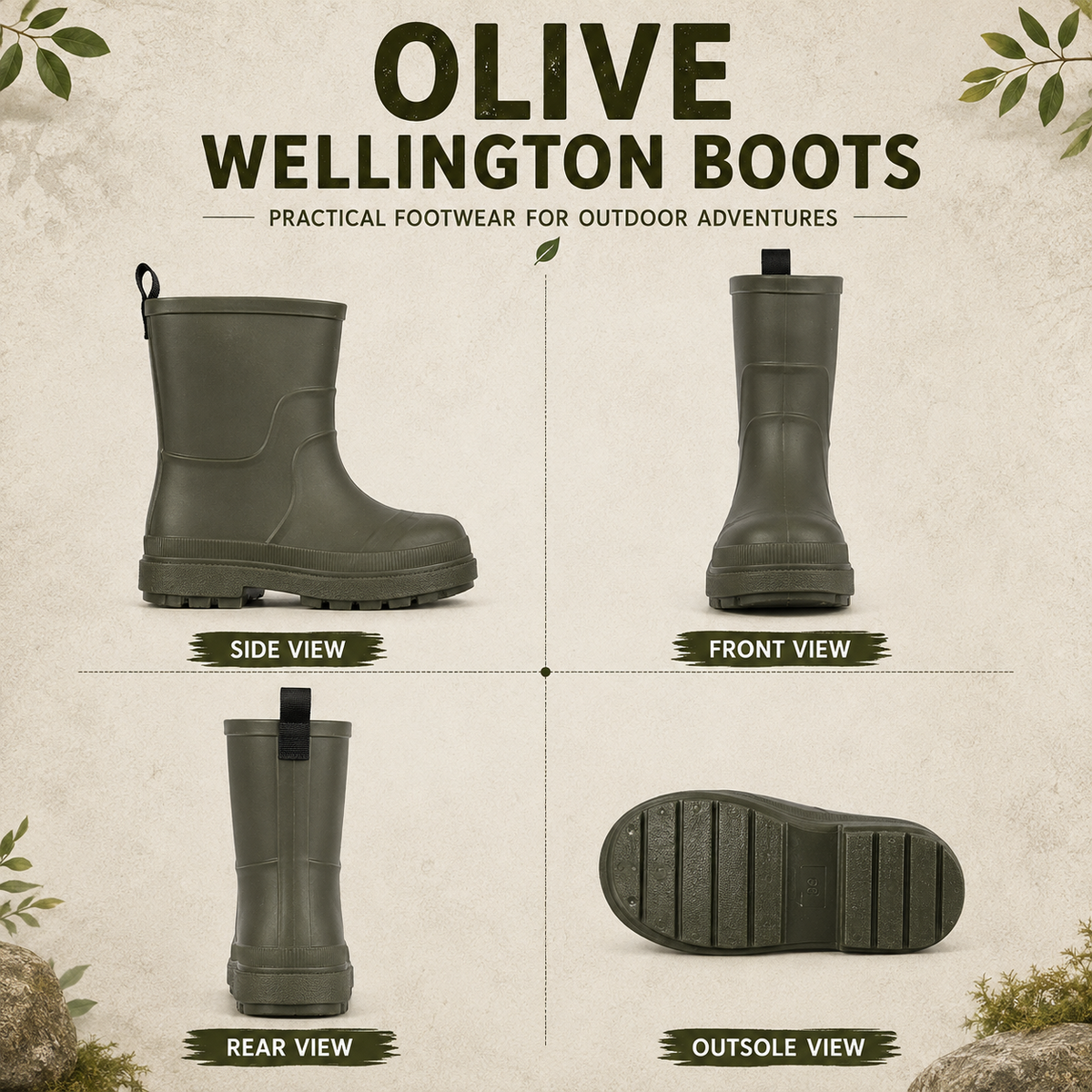 Kids Girls Wellington Wellies Non-Slip Waterproof Lightweight Rain Boots