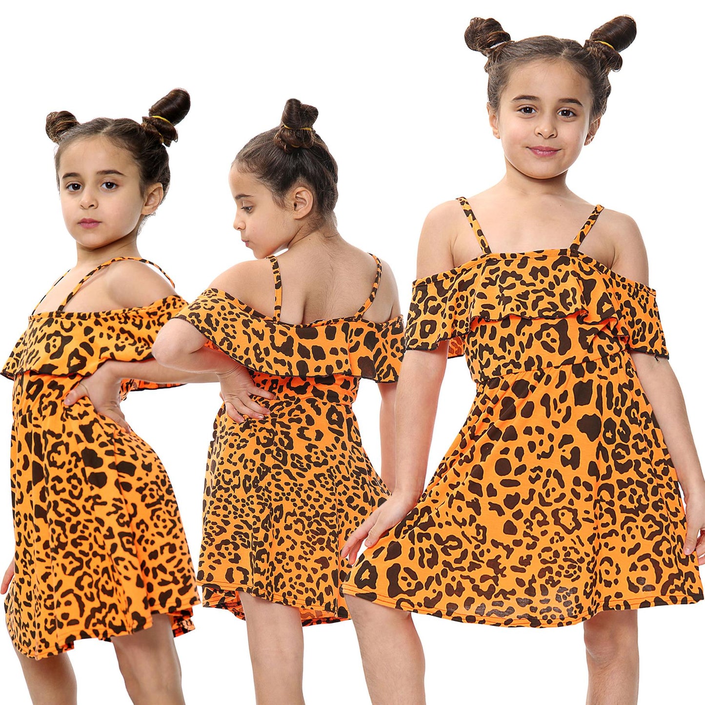 Kids Girls Skater Dress Leopard Print Summer Party Off Shoulder Dress 5-13 Years