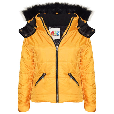 A2Z 4 Kids Quilted Coat Padded Puffer Jacket Mustard Faux Fur Collar Detachable Hood New Winter Fashion For Girls Age 3-4, 5-6, 7-8, 9-10, 11-12 & 13 Years