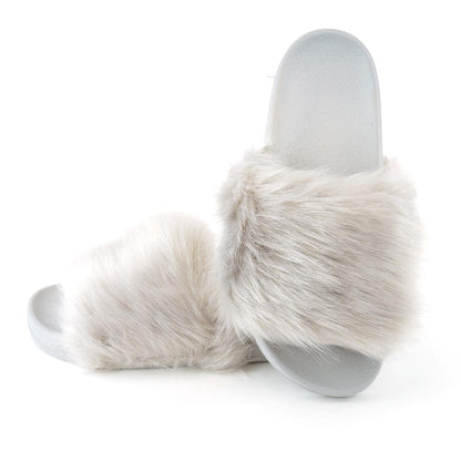 Womens Fluffy Fur Slipper Open Toe Slip-On Fashion Sliders for Ladies Sandals