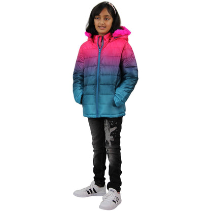 Kids Girls Puffer Jacket Faux Fur Hooded 3D Fade Gradient Padded Thick Warm Coat
