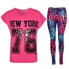 Kids Girls New York 76 Printed Trendy Top & Fashion Legging Set Age 7-13 Years