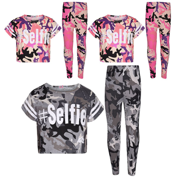 Girls Tops Kids Designer's #Selfie Camouflage Print Crop Top Legging Set 5-13 Yr