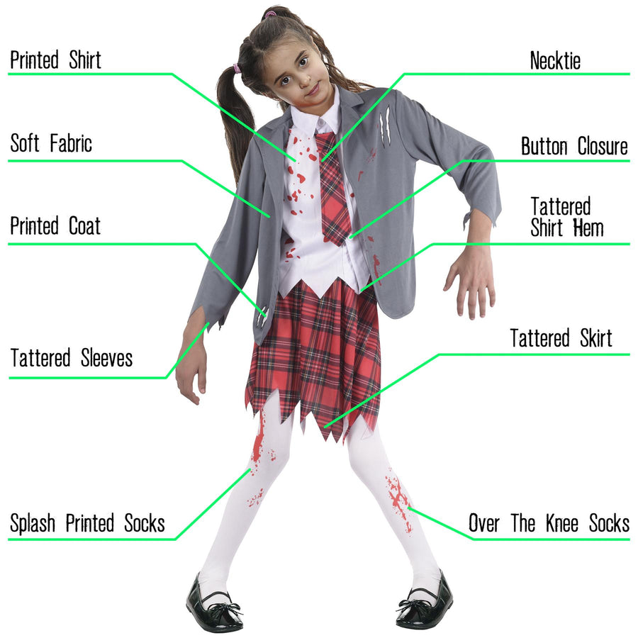 A2Z 4 Kids Girls Top Zombie School Girls Attire Lapel Collar Top & Trouser Set With Necktie Halloween Zombie Set