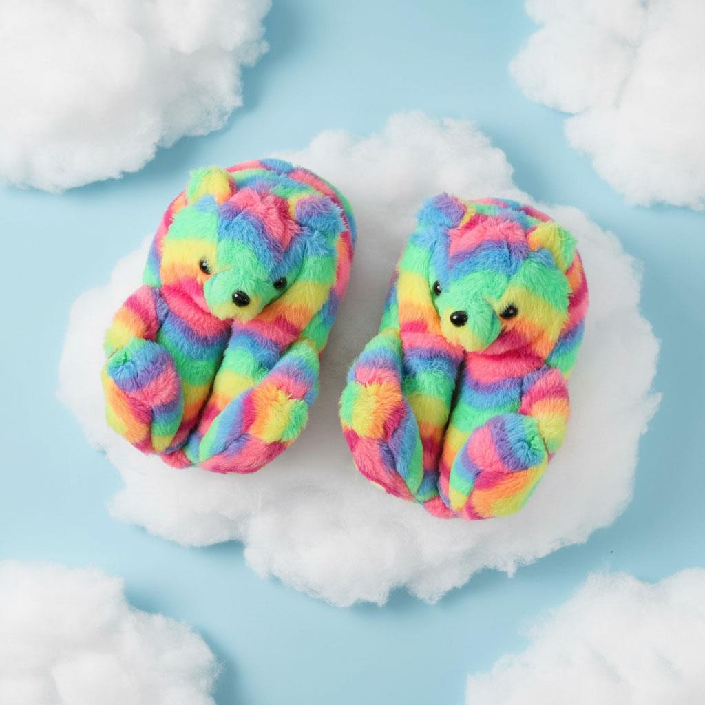 Kids Girls Womens 3D Rainbow Bear Slippers Cute Animal Face Soft Plush Warm Shoe