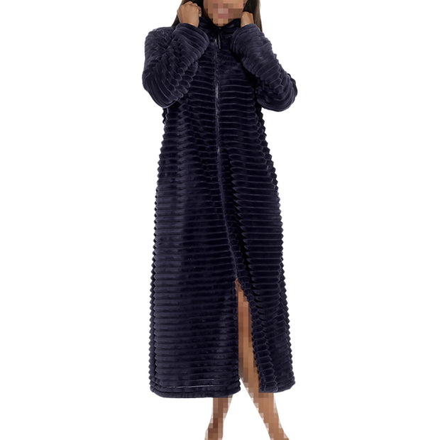 A2Z Women's Zip Through Warm Winter Ribbed Dressing Gown Elegant Ladies Loungewear Zip Up Ribbed Fleece Housecoat Cosy Winter Women's Sleepwear Lounging Robe for Parties