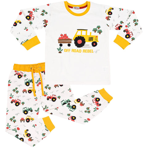 Kids Girls Boys Pyjamas Tractor Contrast Top Bottom Sleepwear Unisex Outfit Set