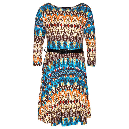 Kids Girls Skater Dress Aztec Foil Print Trendy Fashion Midi Dresses 7-13 Years