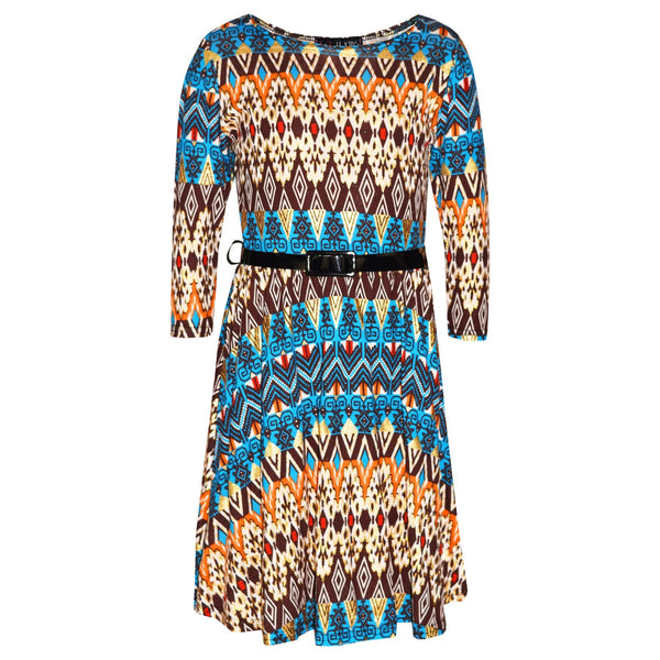 Kids Girls Skater Dress Aztec Foil Print Trendy Fashion Midi Dresses 7-13 Years