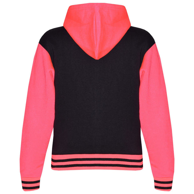 A2Z 4 Kids Girls Black & Neon Pink Baseball Tracksuit NYC Varsity Style Jacket & Trouser Sports Hoodie Bottom Joggers Age 2 3 4 5 6 7 8 9 10 11 12 13 Years