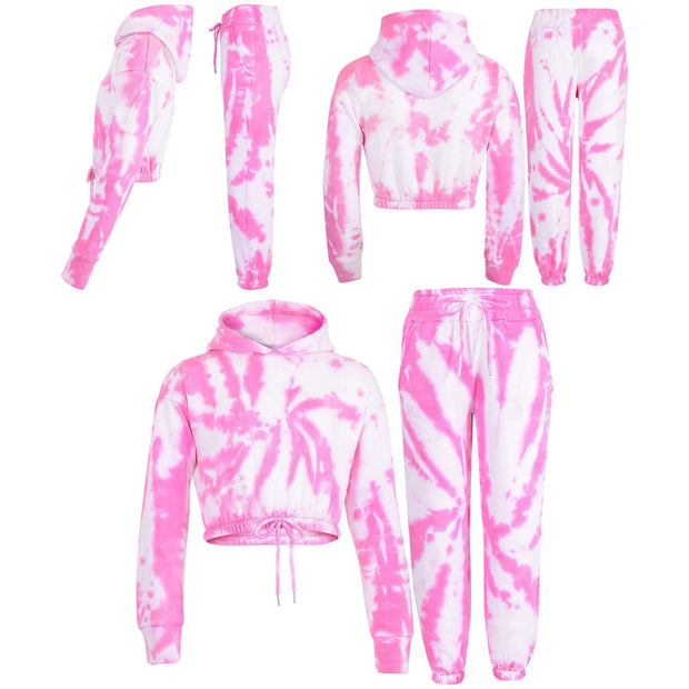 Kids Tie Dye Tracksuit Gym Cropped Hoodie Sweatpants Cord Set Girls Age 5-13