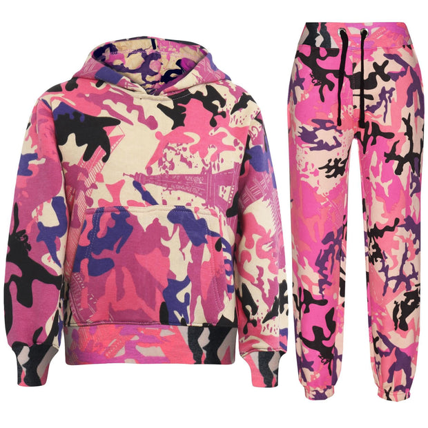 A2Z 4 Kids Girls Boys Unisex Tracksuit Camouflage Baby Pink Print Hooded Sweat Hoodie & Bottom Jog Suit Joggers Age 5 6 7 8 9 10 11 12 13 Years